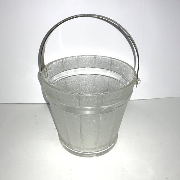 Ice Bucket Glass w/Hammered Metal Handle Oak Barrel Pattern Mid-Century Mod - Picture 5 of 10